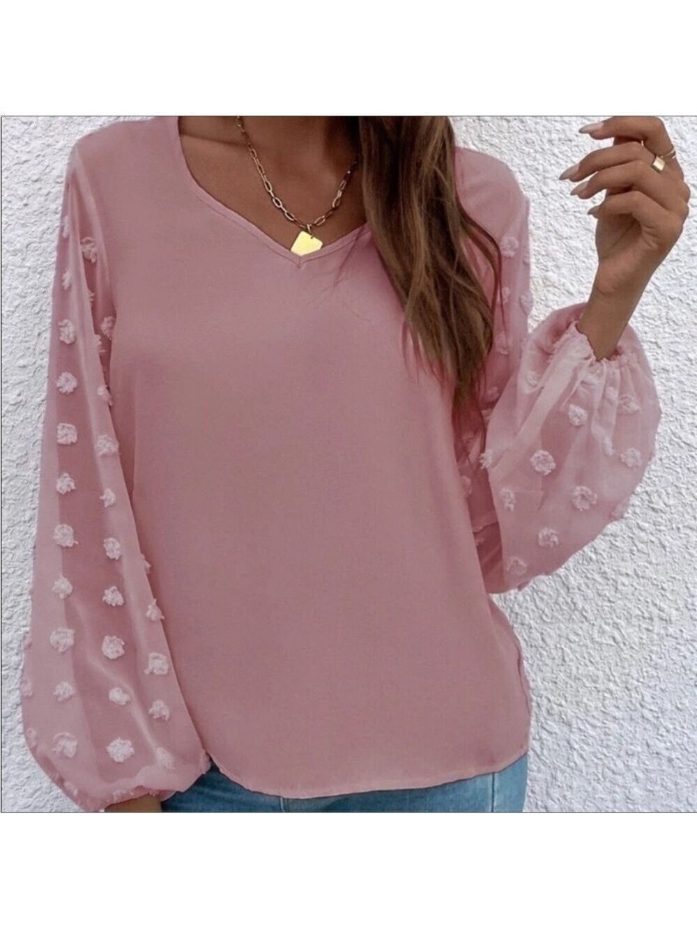 Dusty Pink Swiss Dot Sheer Sleeve Blouse Small X-Large